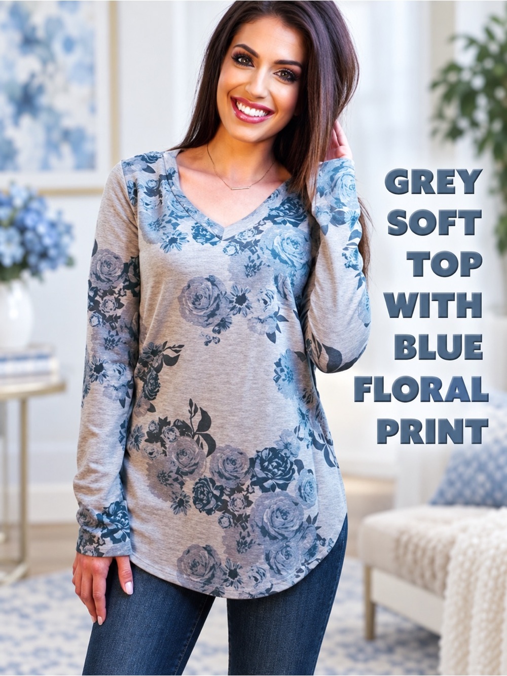 Grey Soft Top with Blue Floral Print NEW